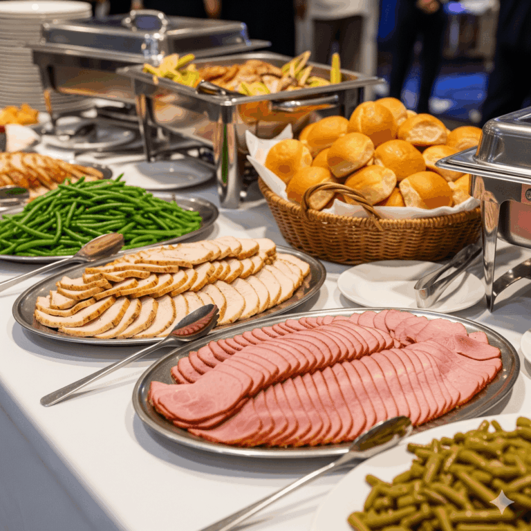 Holiday buffet with sliced ham, turkey, green beans and rolls